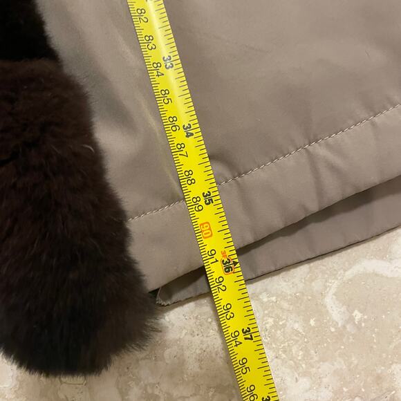 Reversible Rex Genuine Rabbit Fur Trim Coat XL | Chocolate Quilted & Taupe Nylon - Picture 10 of 13